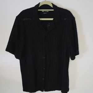 Zara Men's Textured Black Button Down Shirt